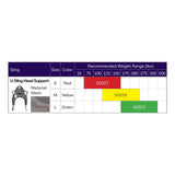 Hoyer Classic Mesh U-Sling with Head Support size chart with the binding color, model number and recommended weight of each size