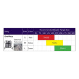 Hoyer Classic One-Piece Sling size chart with the binding color, model number and recommended weight of each size