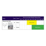 Hoyer Deluxe Stand-Aid Clip Sling size chart with the binding color, model number and recommended weight of each size