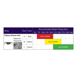 Hoyer Deluxe Stand-Aid Sling size chart with the binding color, model number and recommended weight of each size