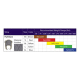 Hoyer Full Back Padded Sling size chart with the binding color, model number and recommended weight of each size