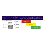 Hoyer Full Body Hammock Sling size chart with the binding color, model number and recommended weight of each size