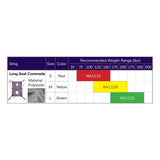 Hoyer Long Seat Commode Sling size chart with the binding color, model number and recommended weight of each size