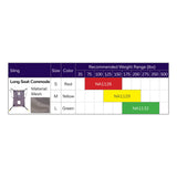 Hoyer Long Seat Mesh Commode Sling size chart with the binding color, model number and recommended weight of each size