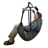 A person lifted in a Hoyer Long Seat Sling