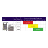 Hoyer Long Seat Mesh Sling size chart with the binding color, model number and recommended weight of each size