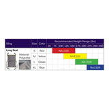 Hoyer Long Seat Sling size chart with the binding color, model number and recommended weight of each size