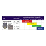 Hoyer Quick Fit Deluxe Mesh Sling size chart with the binding color, model number and recommended weight of each size