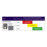 Hoyer Quick Fit Deluxe Padded Sling size chart with the binding color, model number and recommended weight of each size