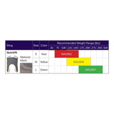 Hoyer Quick Fit Mesh Sling size chart with the binding color, model number and recommended weight of each size