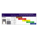 Hoyer Quick Fit Padded Sling size chart with the binding color, model number and recommended weight of each size