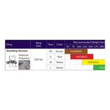 Hoyer Standing Harness size chart with the binding color, model number and recommended weight of each size