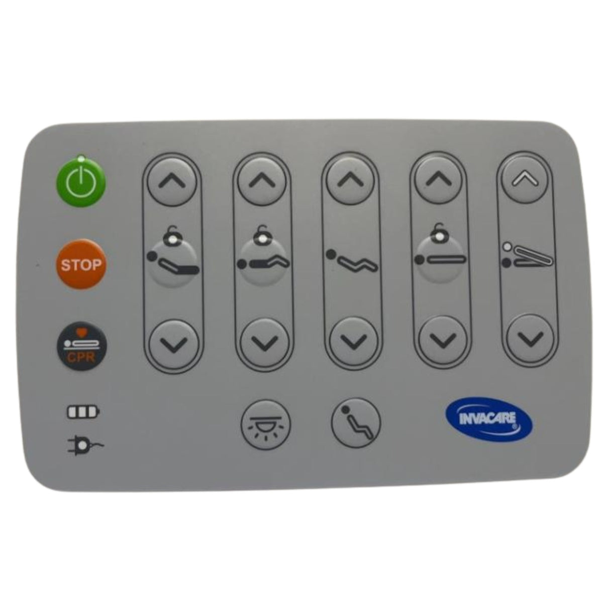 The Invacare CS600 attendant control panel, with power and stop buttons, up and down keys for each bed motion and the under-bed light key
