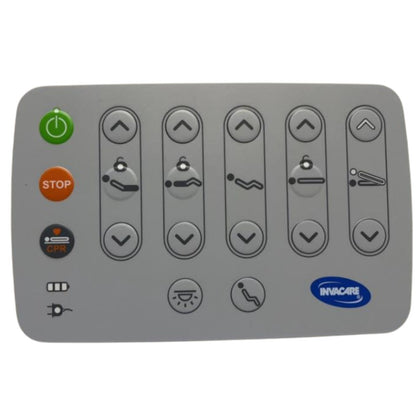 The Invacare CS600 attendant control panel, with power and stop buttons, up and down keys for each bed motion and the under-bed light key