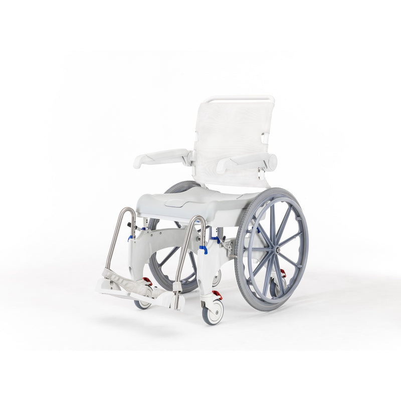A white shower commode wheelchair with large rear wheels, swing-away footrests and a commode seat