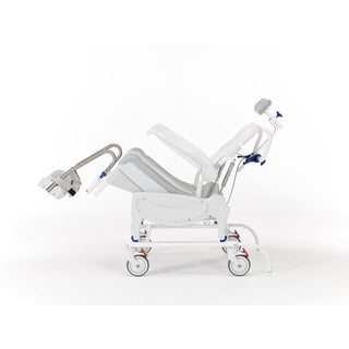 Invacare Aquatec Ocean Ergo VIP shower commode chair tilted back, side view