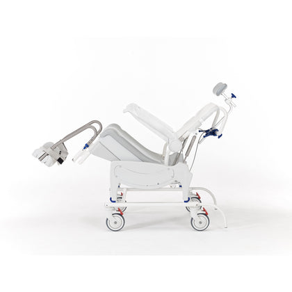 Invacare Aquatec Ocean Ergo VIP shower commode chair tilted back, side view