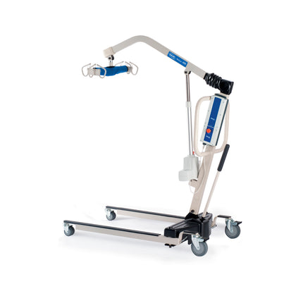 Invacare Reliant 450 battery-powered patient lift with the standard low base, three-quarter view