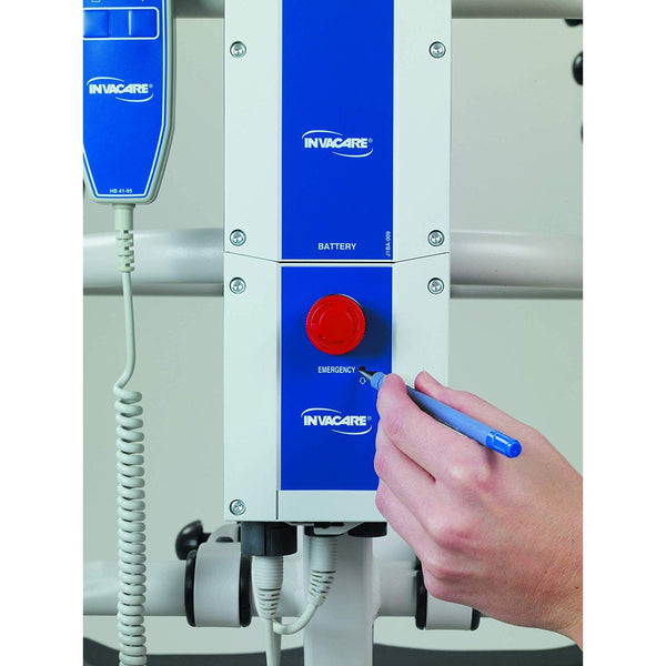 The battery box of an electric patient lift with its emergency stop and manual lowering