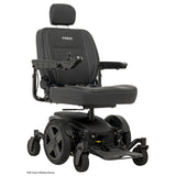 Pride Jazzy EVO 614 power wheelchair in black, three quarter view from the right