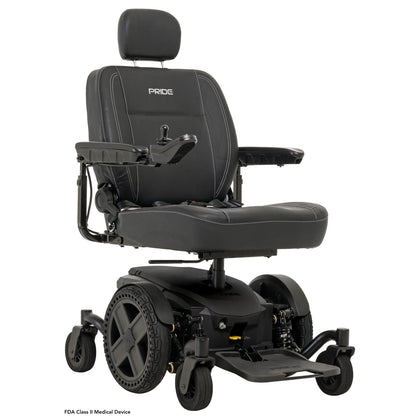 Pride Jazzy EVO 614 power wheelchair in black, three quarter view from the right