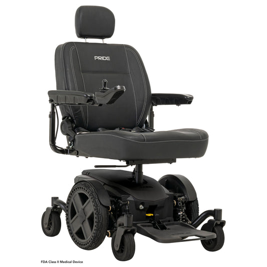 Pride Jazzy EVO 614 power wheelchair in black, three quarter view from the right