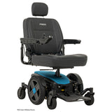 Pride Jazzy EVO 614 power wheelchair in matte Iceberg Blue, three quarter view from the right