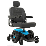 Pride Jazzy EVO 614 power wheelchair in matte Robin's Egg Blue, three quarter view from the right