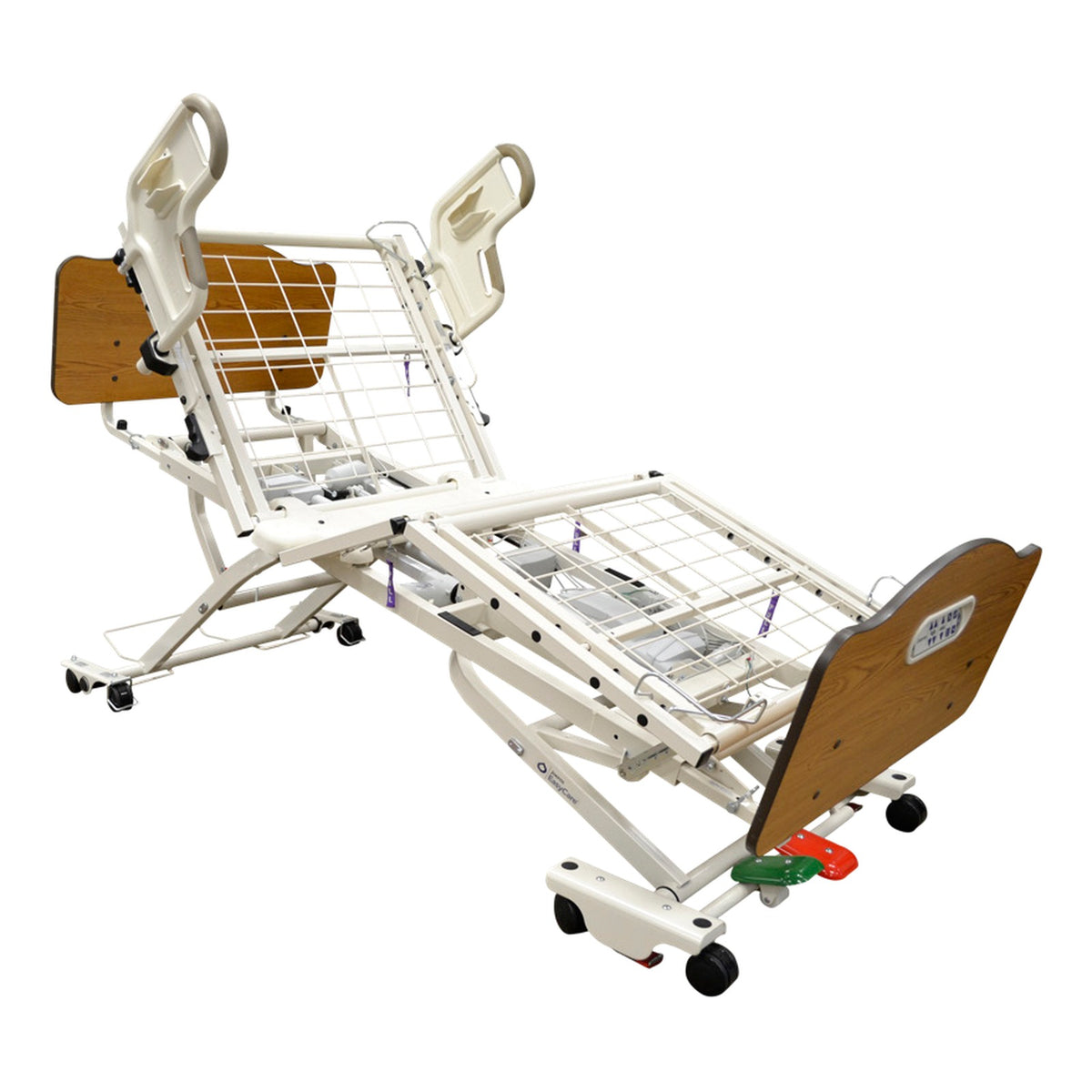 A Joerns EasyCare bed frame with its back raised, shown with optional assist handles and staff control panels