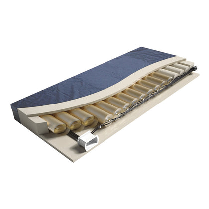 A Joerns P.R.O. Matt Plus mattress with its blue cover cut away to show the air cells inside