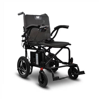 Journey Air 2026 folding power chair, front three-quarter view showing the 12 inch flat-free rear wheels