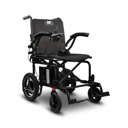 Journey Air 2026 folding power chair, front three-quarter view showing the 12 inch flat-free rear wheels