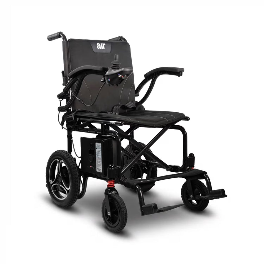 Journey Air 2026 folding power chair, front three-quarter view showing the 12 inch flat-free rear wheels