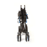 Journey Air Elite folded upright, standing on its own wheels to be rolled like a suitcase