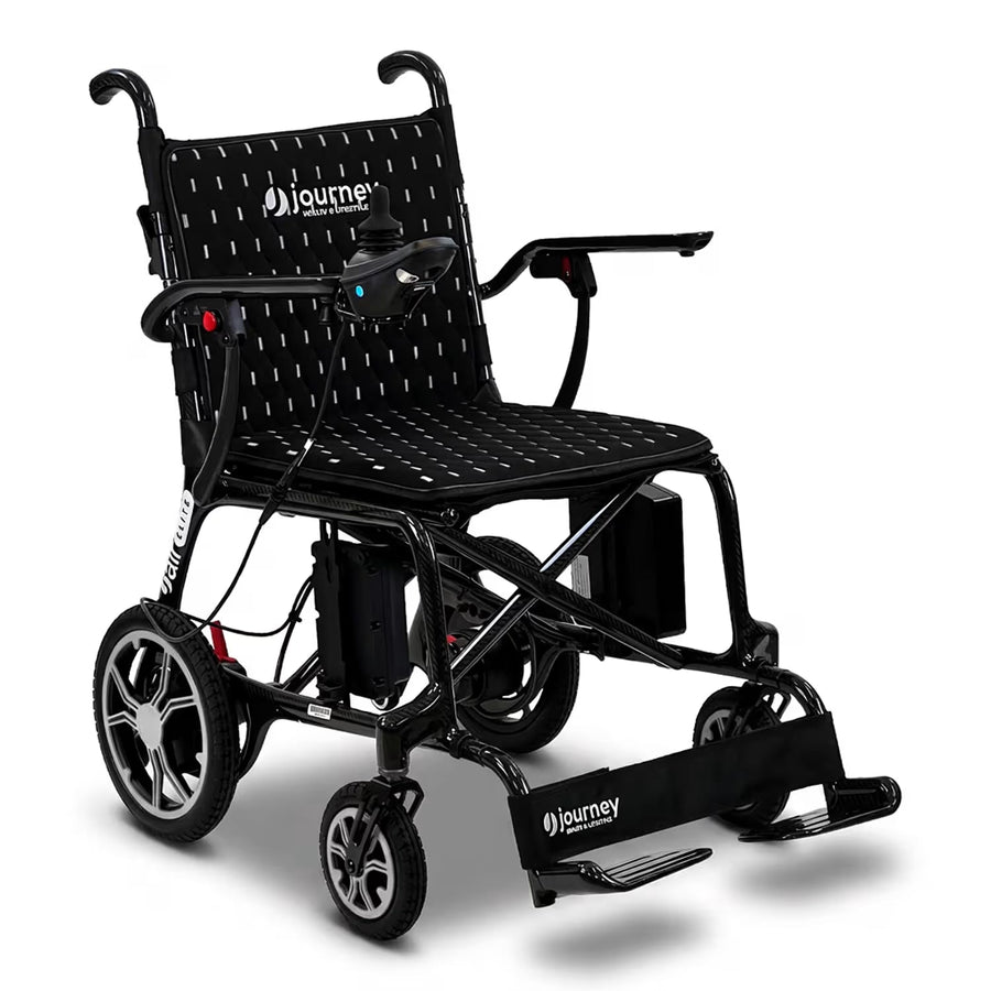 Journey Air Elite carbon fiber folding power chair in Black, front three-quarter view