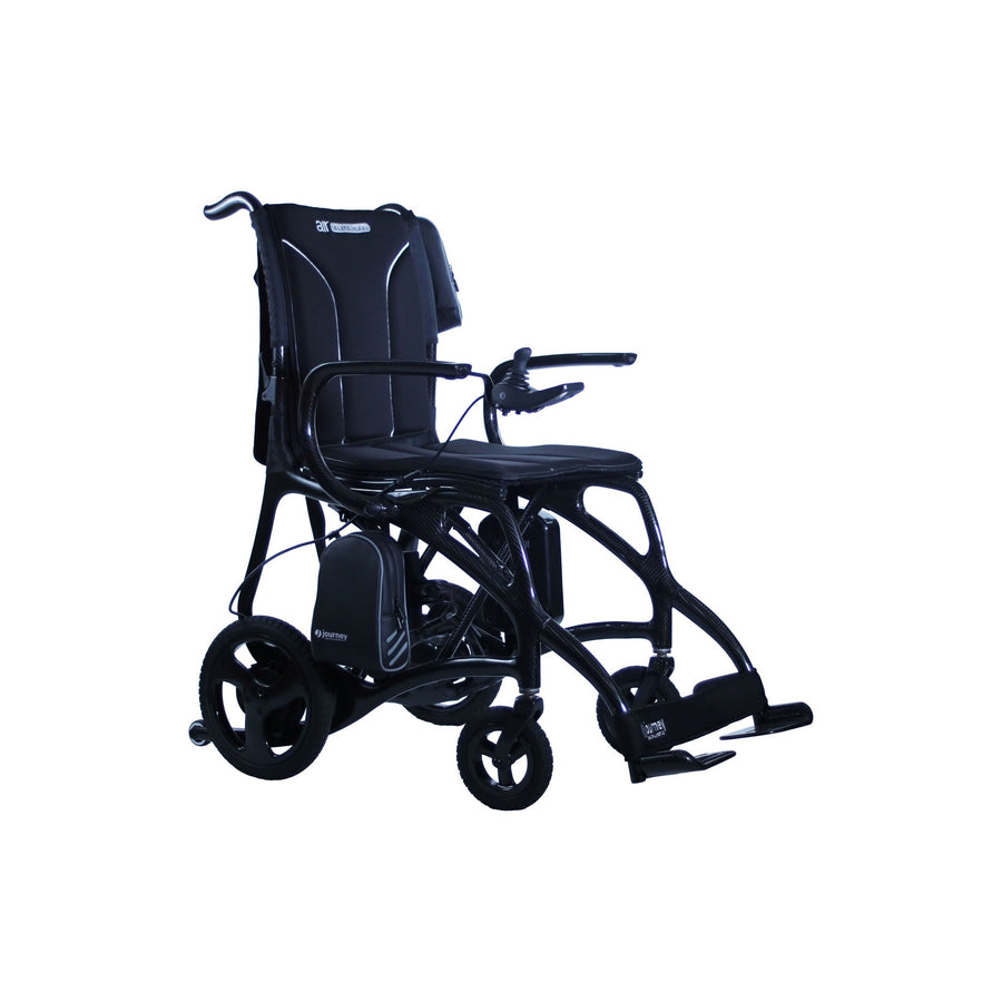 Journey Air Elite Max carbon fiber folding power chair, front three-quarter view from the right