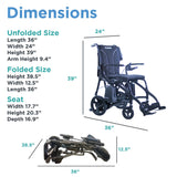 Journey Air Elite Max dimensions: unfolded 36 inches long, 24 inches wide, 39 inches high; folded 36 by 12.5 by 38.5 inches; seat 17.7 inches wide