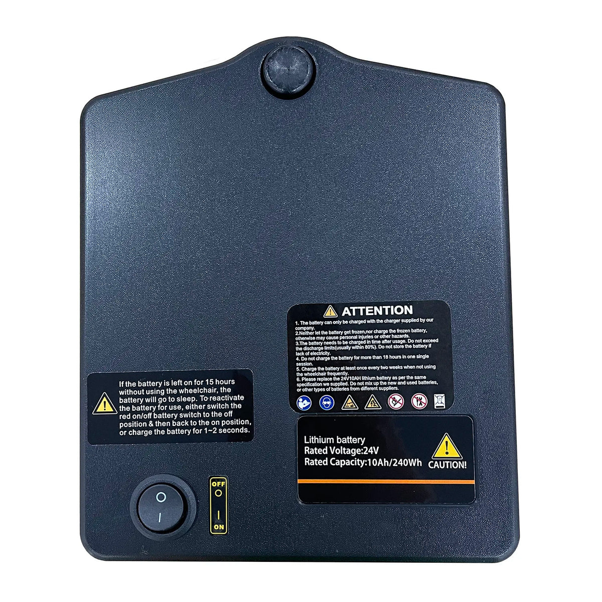 Journey Air Elite 10Ah Battery, battery with its label and power switch