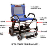 Journey Zinger features: easy-steer throttle levers, breathable mesh seat, aluminum frame, storage basket, swivel footrest, inflatable tires