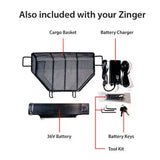 What comes with the Journey Zinger: cargo basket, battery charger, 36V battery, battery keys and tool kit