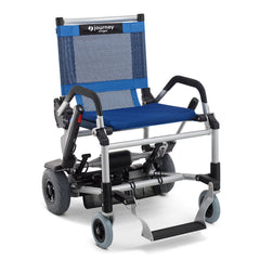 Journey Zinger folding power chair in Blue, front three-quarter view