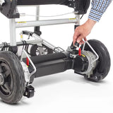 Close-up of the Journey Zoomer brake lever and 10 inch flat-free rear wheel