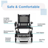 Journey Zoomer safety features: electromagnetic brakes, patented floating footrest, anti-tippers, flat-free tires and a controller that installs left or right