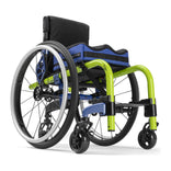 Ki Mobility Little Wave Clik in electric green with blue accents and a cushion, front three quarter view