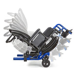 Ki Mobility Focus CR in blue showing the seat tilting back through its range