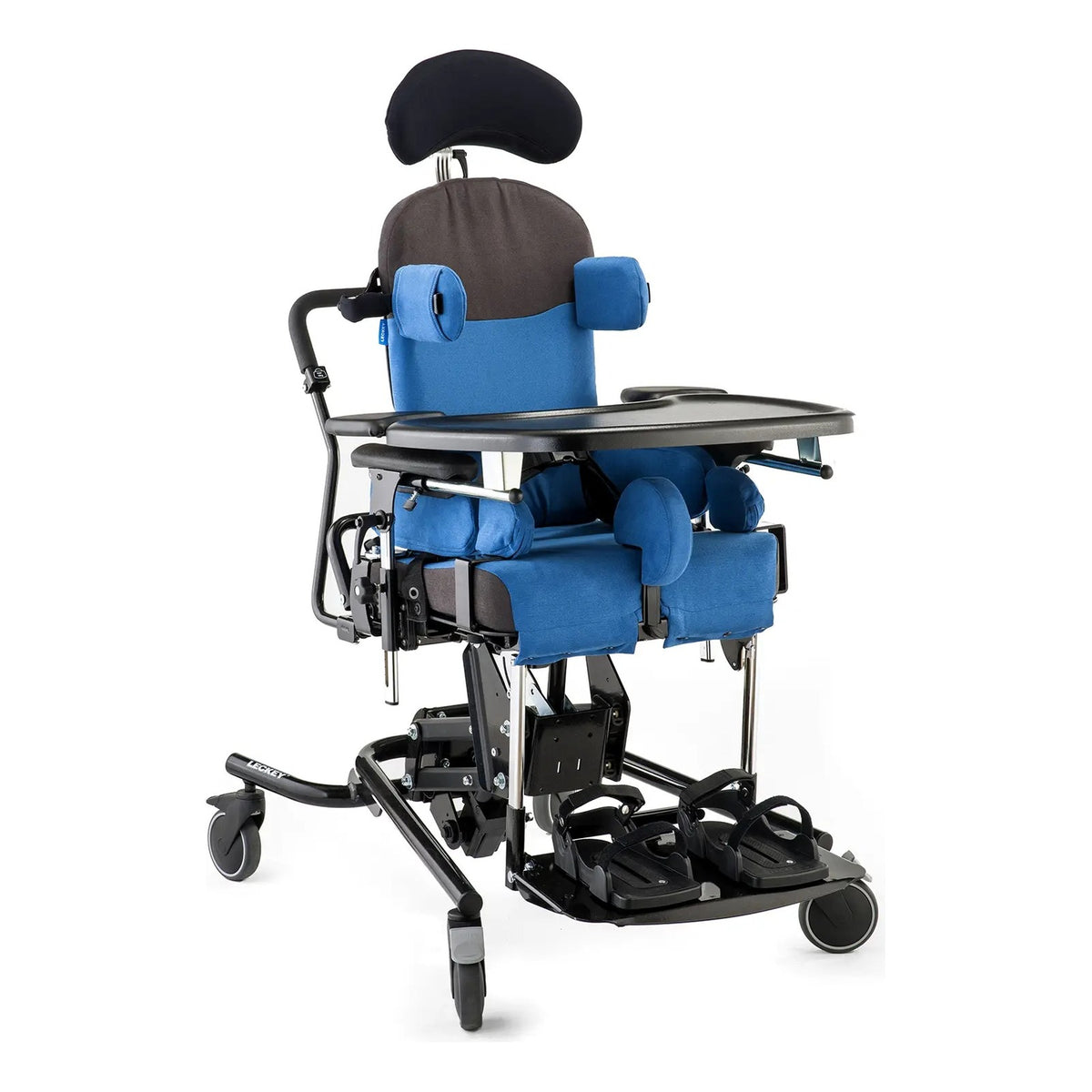 Leckey Everyday Activity Seat in blue on its hi-low chassis, shown with the headrest, laterals, tray, footplate and sandals add-ons