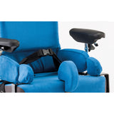 The side pads, armrests and pelvic belt add-ons on the blue seat