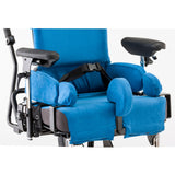 The blue seat cushion with side pads and armrests