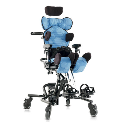 Leckey Mygo Seat in blue on the hi-low chassis, shown with the headrest, laterals, armrests, footplates and sandals add-ons; also made in gray and pink