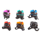 The six MyWay+ harness sizes: purple, green, blue, red, orange and gray